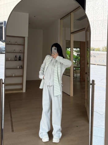 【Z830099】條紋圍巾立領修身外套休閒褲套裝