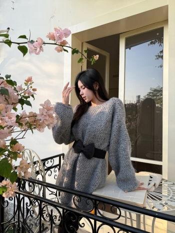 【Z830113】韓系灰色蝴蝶結收腰針織毛衣