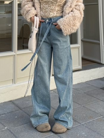【Z830120】水洗重工燙鑽闊腿牛仔褲