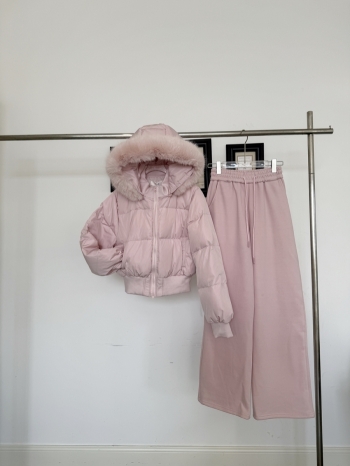 【Z830100】毛領連帽收腰羽絨外套休閒褲套裝