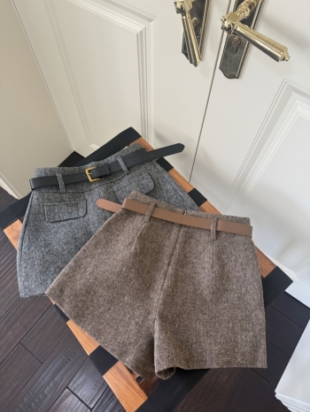 【Z830123】小香風假兩件編織毛呢翻蓋短褲