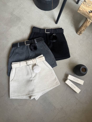 【Z830149】附腰帶毛球毛呢西裝裙褲