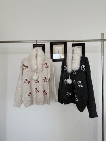 【Z830153】毛領可拆小馬提花針織上衣