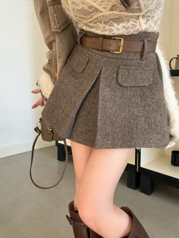 【Z830123】小香風假兩件編織毛呢翻蓋短褲