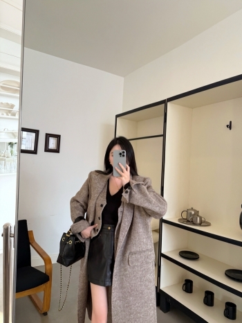 【Z830144】西裝領假兩件單排釦羊毛大衣外套