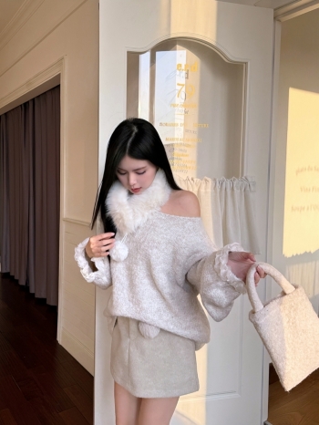 【Z830155】毛領可拆蕾絲拼接針織上衣