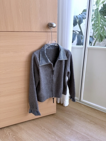 【Z830177】牛仔拼接翻領拉鍊針織外套