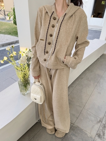 【Z830163】復古金屬釦連帽外套休閒褲套裝