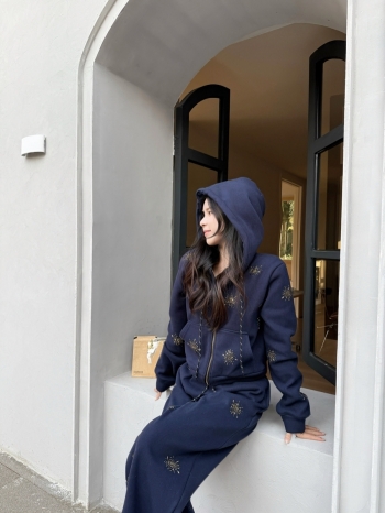 【Z830164】燙鑽絲絨連帽外套休閒褲套裝