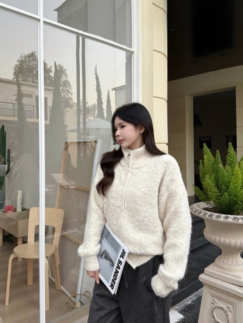 【Z830176】立領雙拉鍊圈圈紗毛衣外套