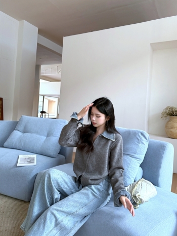 【Z830177】牛仔拼接翻領拉鍊針織外套