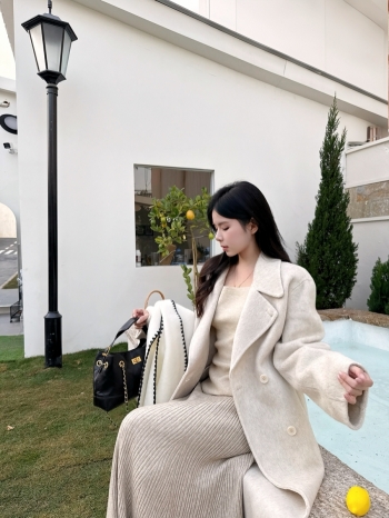 【Z830183】氣質西裝領羊絨綁帶大衣外套