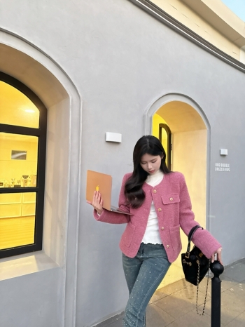 【Z830188】圓領粗花呢混羽絨小香風外套(附內搭