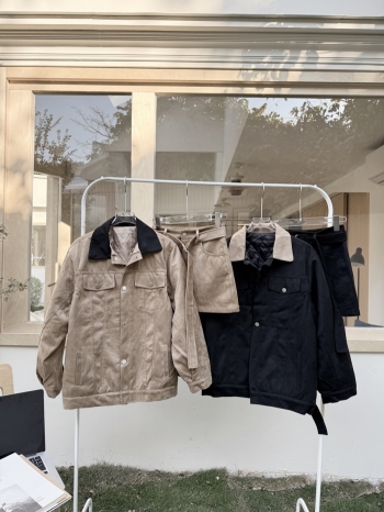 【Z830207】撞色翻領麂皮絨工裝短裙套裝