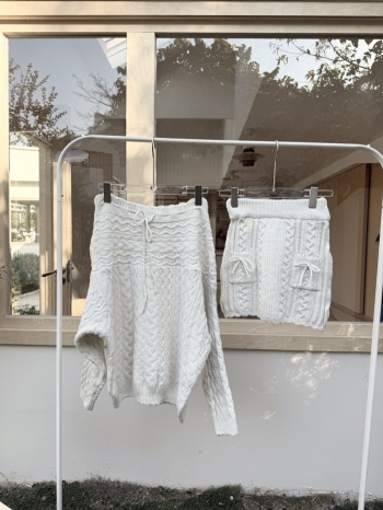 【Z830228】蝴蝶結一字領麻花針織短裙套裝