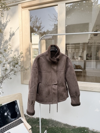 【Z830231】美拉德咖色麂皮羊羔毛外套