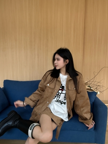 【Z830207】撞色翻領麂皮絨工裝短裙套裝