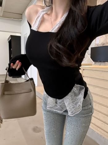 【Z830274】純欲甜辣蕾斯掛脖假兩件長袖