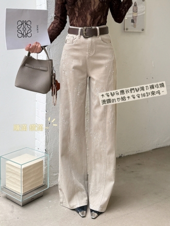 【Z830276】附腰帶燙鑽彎刀牛仔褲