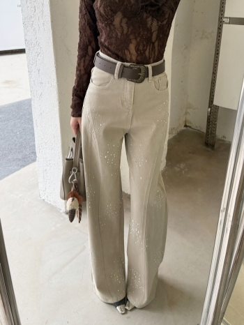 【Z830276】附腰帶燙鑽彎刀牛仔褲