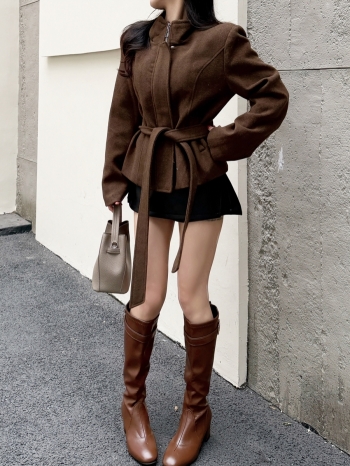 【Z830278】老錢風立領綁帶毛呢鋪棉外套