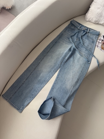 【Z830301】抽繩設計感燙鑽闊腿牛仔褲