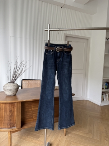 【Z830303】復古身藍彈力微喇牛仔褲(附腰帶)