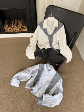 【Z830346】縷空針織披肩+襯衫兩件套