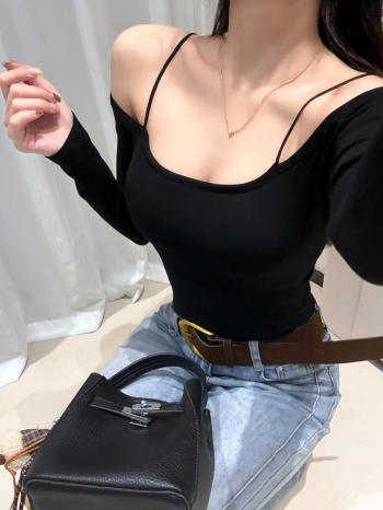 【Z830337】韓系性感一字肩吊帶長T