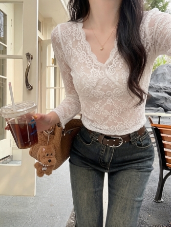 【Z830327】性感V領帶胸墊網紗蕾絲上衣