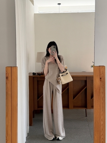 【Z830372】老錢風華夫格半袖針織長褲套裝