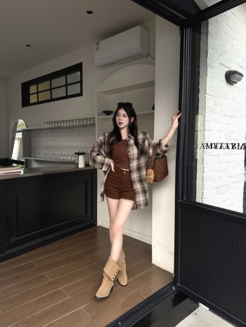 【Z830374】休閒復古格紋襯衫三件套