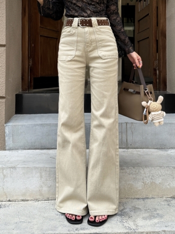 【Z830397】卡其色翻蓋口袋微喇牛仔褲