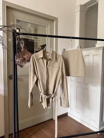 【Z830367】附腰帶設計感工裝長袖襯衫短裙套裝