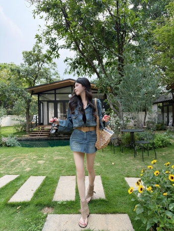 【Z830366】漸變藍調水洗做舊牛仔裙褲套裝(附腰帶)