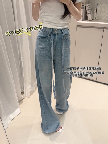 【Z830414】雙面滿鑽綁帶闊腿牛仔褲