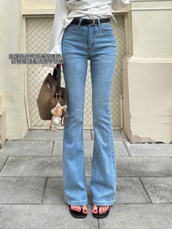 【Z830454】復古做舊淺色磨白喇叭牛仔褲(附腰帶)