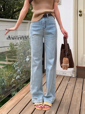 【Z830478】明線拼接設計感口袋闊腿牛仔褲(附腰帶)