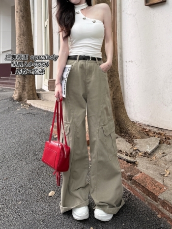 【Z830455】美式工裝風多口袋闊腿休閒褲(附腰帶)