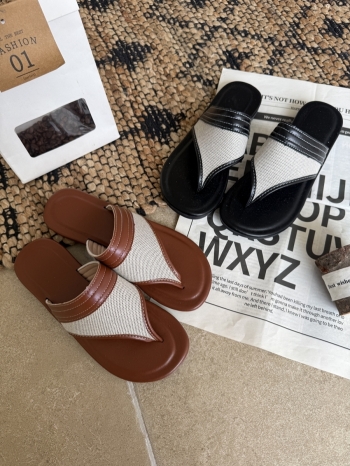 【Z830470】波希米亞風帆布拼皮夾腳拖鞋