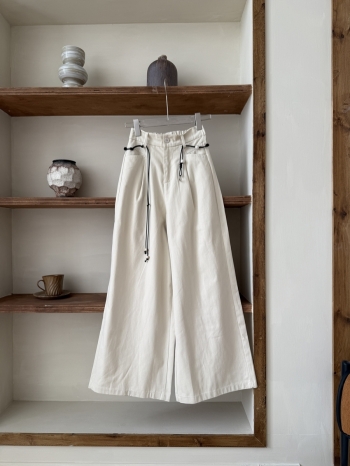 【Z830507】老錢風極簡高腰抽繩闊腿休閒褲