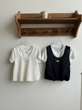 【Z830513】撞色拼接假兩件圓領短T