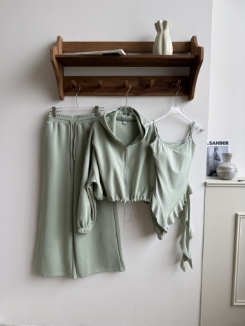 【Z830375】輕熟花邊背心連帽休閒褲套裝