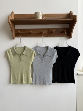 【Z830495】翻領單釦彈力羅紋針織短袖