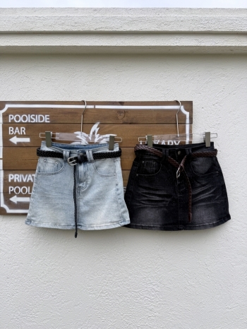 【Z830536】復古水洗細閃燙鑽牛仔裙(附腰帶)