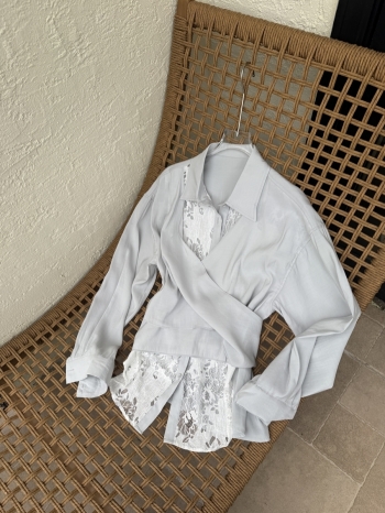 【Z830567】氣質高雅蕾絲交叉綁帶假兩件襯衫