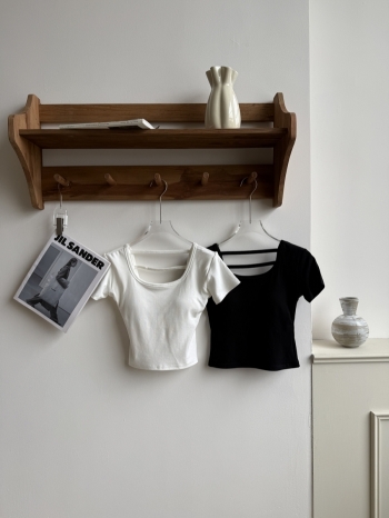 【Z830574】純色U領縷空美背帶胸墊短T