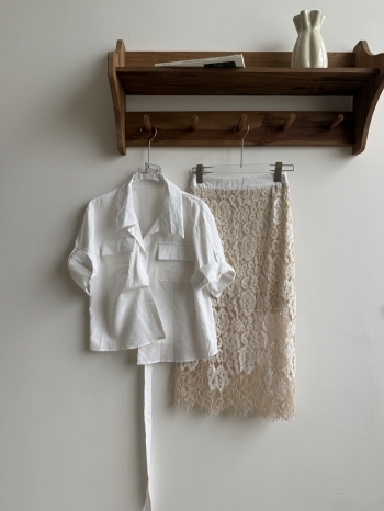 【Z830588】設計感腰帶收腰襯衫+水溶花蕾絲裙套裝