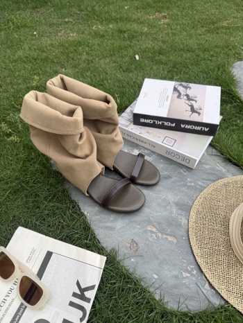 【Z830590】內增高一字帶褶皺露趾涼靴