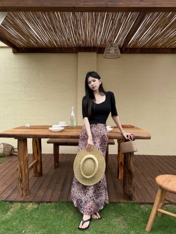 【Z830563】法式復古金絲豹紋雪紡長裙